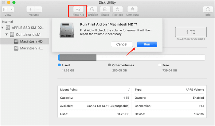 run first aid in disk utility