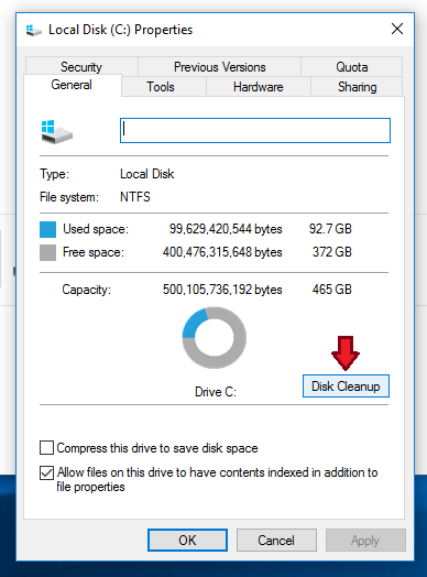 disk cleanup button to clear temp files in Windows