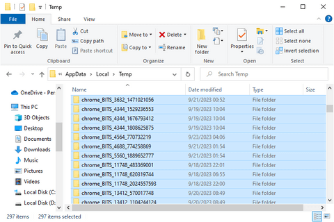 select all temporary files to delete