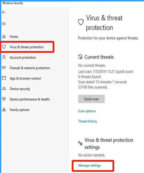 manage virus protection settings