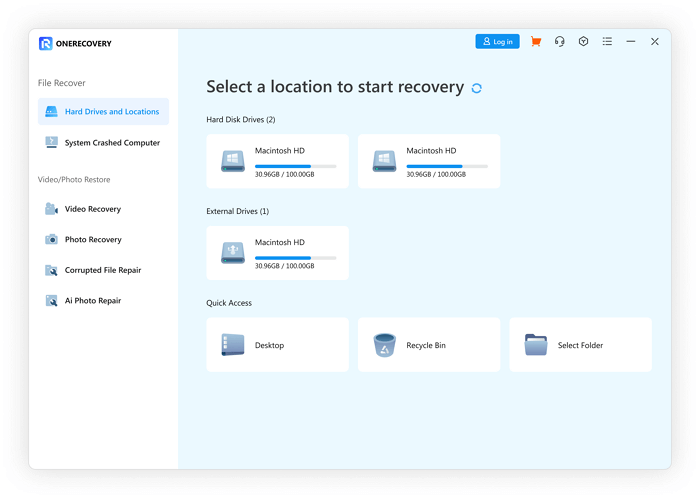 onerecovery main interface