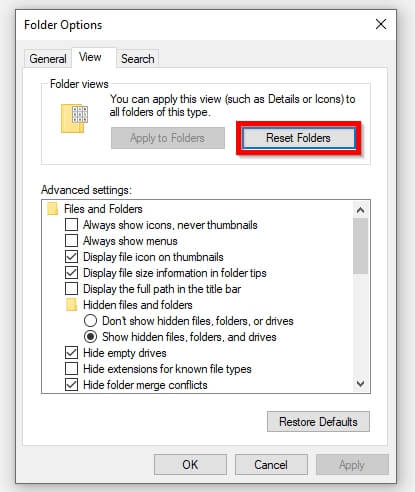 reset folders button