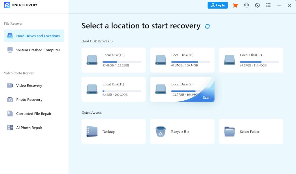 select location to start using ONERECOVERY