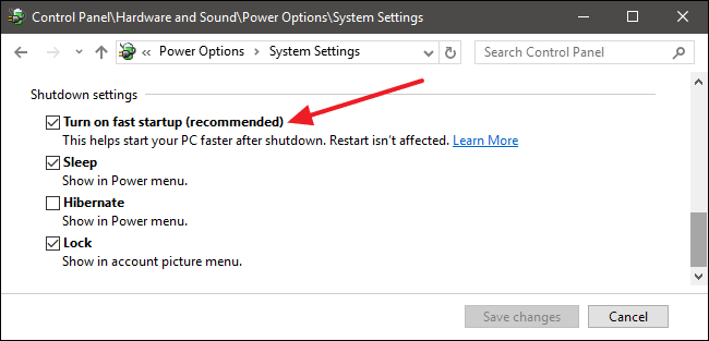 untick the Turn on fast startup (recommended)